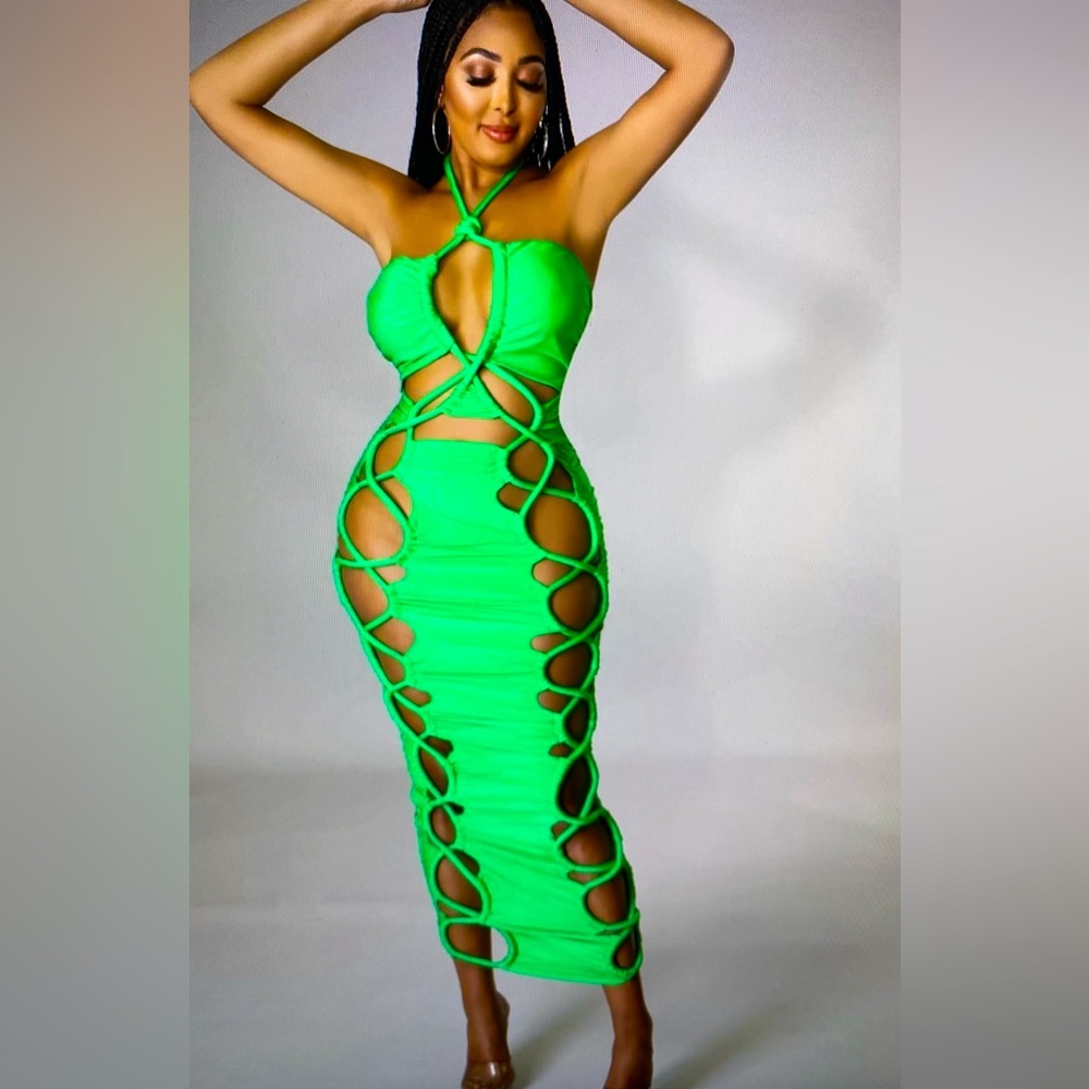GREEN SEXY BRAID LACE UP DETAIL BODYCON DRESS - GREAT QUALITY - [NEW]